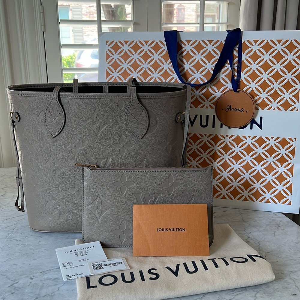 NWT Louis Vuitton Neverfull MM Monogram Empreinte Leather in Turtledove